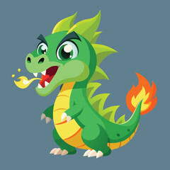 Cute Green Dragon Breathing Fire – Fantasy Cartoon Animal Vector Icon Isolated
