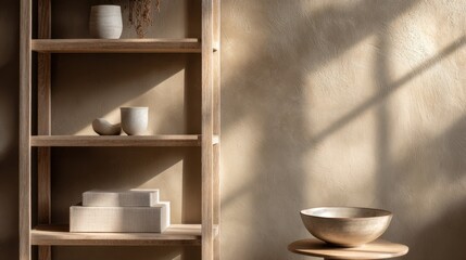 Minimalist home decor with wooden shelves and natural textures in sunlit room,japandi style