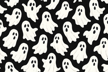 Ghostly black and white pattern featuring spooky ghosts, isolated on transparent background.