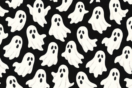 Ghostly black and white pattern featuring spooky ghosts, isolated on transparent background.