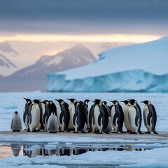 Obraz premium Emperor Penguins Gather on Ice Floe with Mountains and Iceberg Background