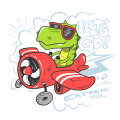Dinosaur flying an airplane kids print, with let's go slogan. Funny cartoon character design.Kid graphic