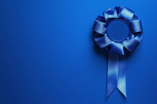 Blue ribbon award on a solid blue background showcases excellence and achievement in a simple but elegant presentation