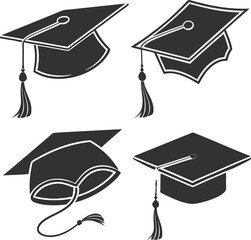 A variety of black and white graduation cap illustrations, including detailed tassels