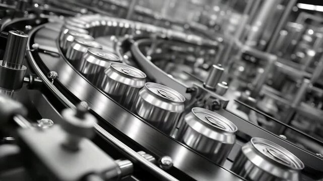 View from above  A brewery's contemporary beer canning process, complete with gleaming aluminium cans and apparatus