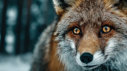 Fototapeta premium A focused photo of a red fox's face surrounded by tree trunks
