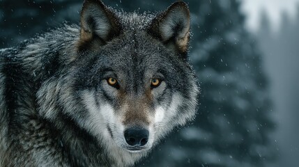 Fototapeta premium A close-up photo of a wolf with snowfall in the foreground and trees in the background