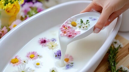 A bath with milk and flowers is a romantic aesthetic. 