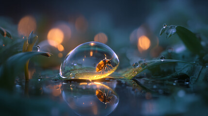 Magical macro of a glowing insect inside a water droplet
