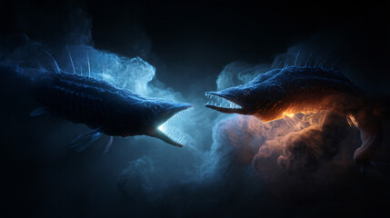 Fototapeta premium Hyper-realistic showdown between abyssal fish 