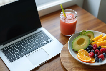 Healthy work break with a nutritious fruit bowl and smoothie at a modern home office desk, healthy work-life balance fueling productivity