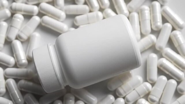 A white supplement bottle and numerous capsules are scattered on a bright surface