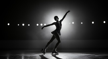 Graceful Figure Skater Performing Under Dramatic Stage Lighting