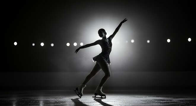 Graceful Figure Skater Performing Under Dramatic Stage Lighting