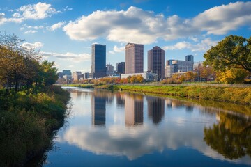 Naklejka premium Stunning autumn skyline reflected in calm river under blue sky in urban landscape