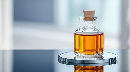 A glass bottle of essential oil on a mirrored surface the reflection adds depth. 
