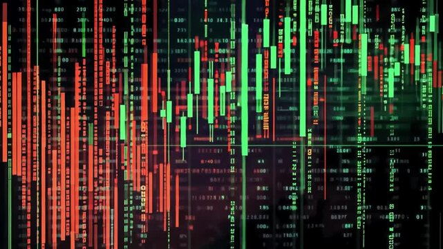 Abstract Stock Market Data Visualization: Red and Green Candlestick Chart on a Digital Background