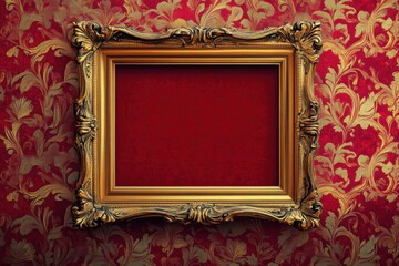 Golden ornate frame framing red, A decorative golden frame encases a rich red surface, showcasing a striking contrast in color and style