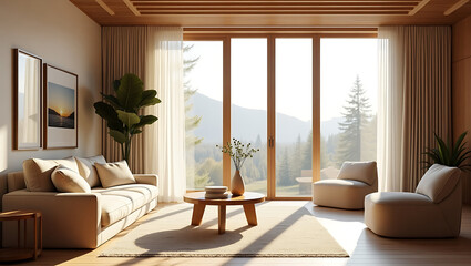 Fototapeta premium Serene Mountain View Living Room Minimalist Interior Design