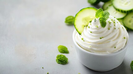 A slice of cucumber next to the cream. 