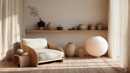 Minimalist living room with wooden furniture and ceramic decor – cozy home interior design,japandi style