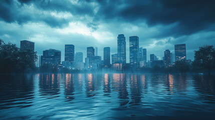 Fototapeta premium Cityscape reflection on water with dark clouds and skyscrapers in teal and blue tones wallpaper design