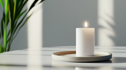 A white candle in the center of the frame with a light haze.