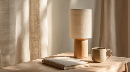 Cozy minimalist interior scene with lamp, book, and mug for home decor inspiration,japandi style