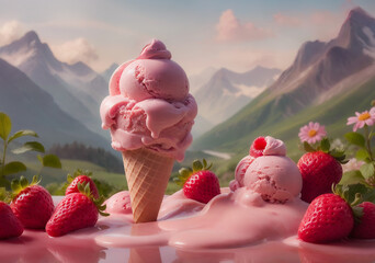 Melting Strawberry Ice Cream Cone with Mountain Landscape