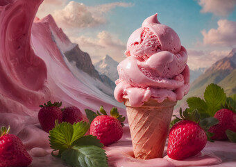 Melting Strawberry Ice Cream Cone with Mountain Landscape