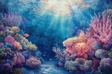 Naklejka premium Underwater coral reef teeming with vibrant marine life and gentle sunlight filtering through the water