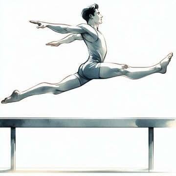 Dynamic Watercolor Illustration of a Male Gymnast Performing Split Leap on Parallel Bars
