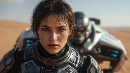 futuristic female soldier in sci fi armor in front of advanced armored vehicle in desert
