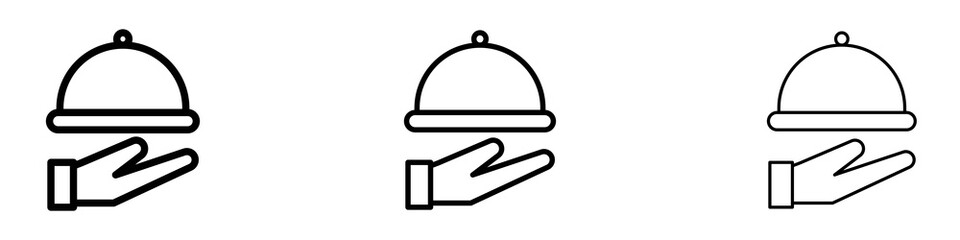 Hand holding tray icons. Thin linear graphic pictogram for website