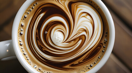 Swirling milk and coffee create a beautiful marbled spiral in a warm cup.