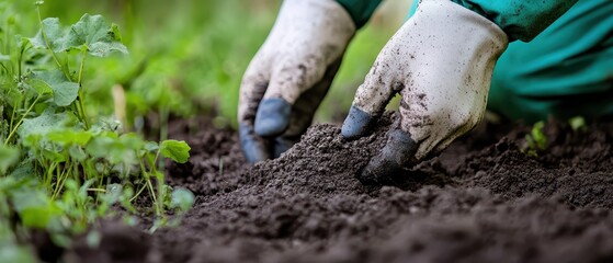 Hands tilling soil in the backyard