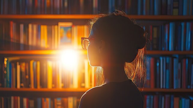 Silhouette of a person in a library, bathed in warm light.