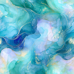 Seamless pattern with flowing blue and turquoise alcohol ink, enhanced by golden lines and shimmering details. This fluid abstract background evokes oceanic movement and calm. 