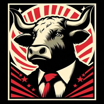 Ox in Anime Illustration with Vintage Political Propaganda Aesthetic
