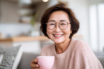 Asian Woman Enjoying Hot Beverage at Home A Moment of Pure Relaxation