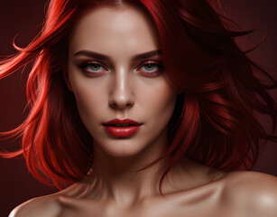 women's hair coloured in an intense ruby colour. Hair colouring red in modern shades. Cherry red hair, loose waves. Illustration for cover, advertising, marketing or presentation trendy red outfit