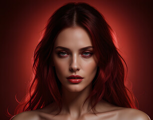 women's hair coloured in an intense ruby colour. Hair colouring red in modern shades. Cherry red hair, loose waves. Illustration for cover, advertising, marketing or presentation trendy red outfit