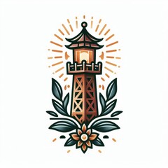 Whimsical watchtower lampstand illustration in a cartoon tattoo style design