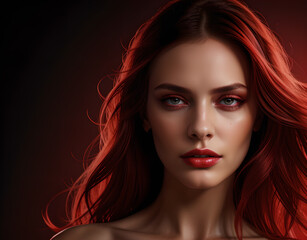Long women's hair coloured in an intense ruby colour. Hair colouring in modern shades. Cherry red hair, loose waves. Illustration for cover, advertising, marketing or presentation trendy red outfit