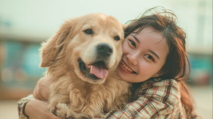 A Girl Hugs Her Golden Retriever Pet Happily on a Bright Day