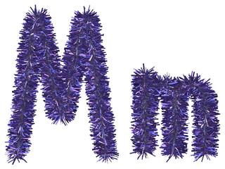 Shiny purple tinsel in letter M. 3d rendering.	