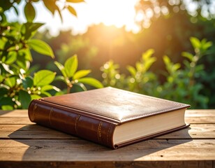 Book on wooden table, sunlight, nature