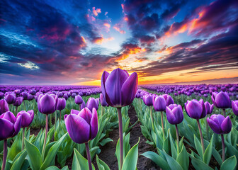 Rare blue tulip field swaying in the wind, under a vibrant purple sky generative ai