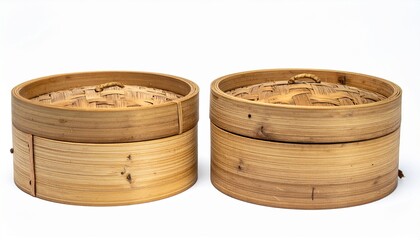 Traditional bamboo steamers on isolated white background with natural texture and directional lighting