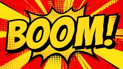 Comic book styled explosion "BOOM!" text in bold yellow with black outline on a radial backdrop - Powered by Adobe